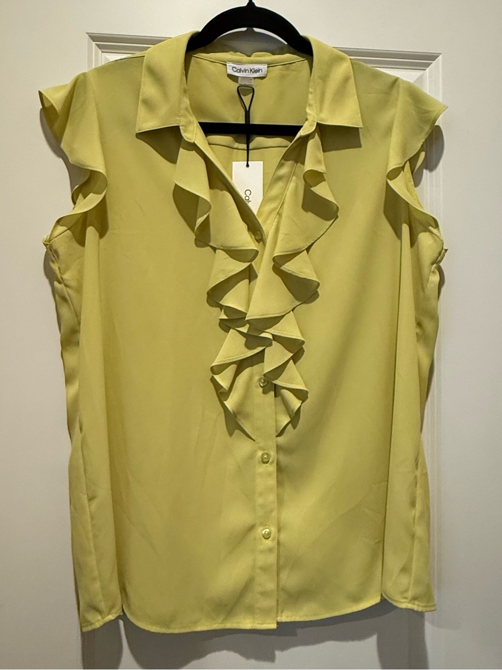 Calvin Klein Light Chatreuse Green Ruffled Sleeveless Top. PXL NWT